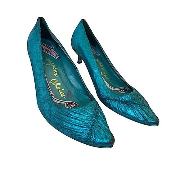 Irregular Choice Metallic Teal Pleated Kitten Heels - Picture 7 of 8